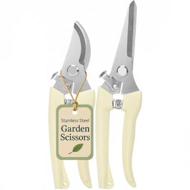 Imagem de Pacote com 2 tesouras de poda, tesouras de jardim de aço inoxidável, tesouras afiadas de jardinagem de mão, cortadores de jardim de lâmina reta e bypass para plantas, flores, árvores frutíferas