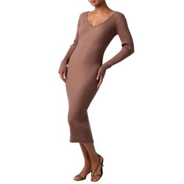 Imagem de Lulus Vestido feminino Georgie Midi de malha canelada manga longa gola V colado ao corpo vestido midi outono com fenda nas costas, Marrom, M