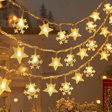 Imagem de Luzes de corda de estrela de floco de neve, 3 m, 20 LEDs, branco quente, alimentado por bateria, luz decorativa à prova d'água com temporizador para jardim, Natal, casamento, festa