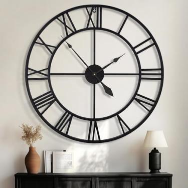 Imagem de HAITANG Relógio de parede grande de 102 cm, redondo moderno grande, metal preto, silencioso, quase sem tique-taque, operado por bateria, algarismos romanos, relógios para sala de estar, quarto