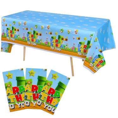 Imagem de Fyrolumin 3 peças de toalha de mesa de festa de videogame, capas de mesa de plástico descartáveis com estampa de feliz aniversário, decoração temática de jogos à prova d'água para crianças, 274 x 137