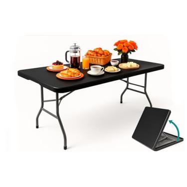 Imagem de Mesa Dobrável Portátil Vira Maleta com Alça 1,80m Camping Pesca Jardim Área Externa Interna Resistente (Preto)