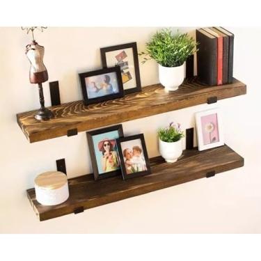 Imagem de Kit Prateleira Industrial com 2 Tabuas de Pinus e 4 Suportes de Ferro Invertido – Inclui Parafusos e Buchas, Ideal para Decoração de Sala, Cozinha e Home Office(Envelhecido,60 Centímetros)