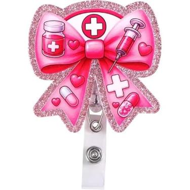 Imagem de Carretel de crachá de laço de enfermeira fofo carretel de crachá de laço rosa com clipe retrátil giratório para dia dos namorados com glitter para pílula de seringa, porta-crachá de identificação dos