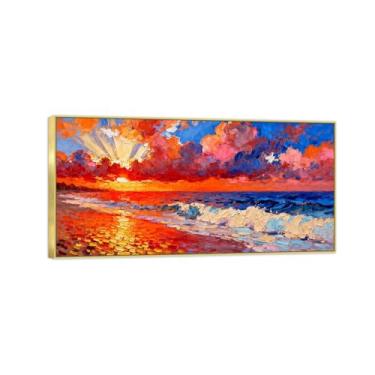 Imagem de BMZFYBS Impressão em tela de paisagem com moldura dourada - Nuvens vermelhas do mar - Pintura de decoração - Imagens para quarto 40 x 80 cm 16 x 31 pol