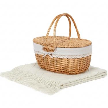 Imagem de Amyhill 1 cesta grande de vime vazia de 38 cm com alça e forro removível vem com 1 cobertor de malha texturizado bege, estilo boêmio, para piqueniques, acampamento e atividades ao ar livre