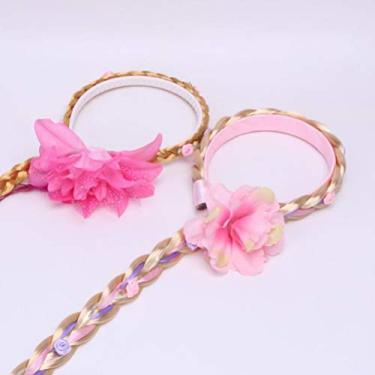 Imagem de Dioche Tiaras Infantis Faixas de Cabelo Fofas Com Tranças de Peruca Cabelo Tecido à Mão Detalhes Requintados Estilo de Moda Acessórios de para Trança Azul Comprimento 55 Cm (Flores rosa)