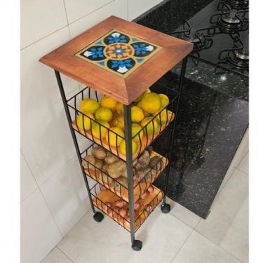 Imagem de Fruteira de Chão Rústica com Rodinhas 3 Andares em Ferro e Madeira Art