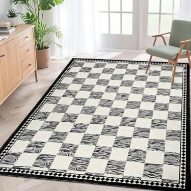 Imagem de Lacomfy Tapete xadrez xadrez moderno de búfalo 1,5 x 1,8 m de zebra para quarto, sala de estar, escritório, tapete branco e preto, design geométrico abstrato listrado e quadriculado, decoração de
