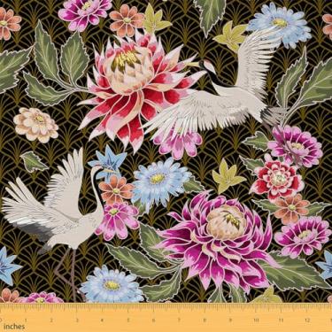 Imagem de Tecido de guindaste vermelho da The Yard - Aquarela flores de casa de fazenda ao ar livre primavera jardim decoração de folhas florais - estilo rústico interno/externo - 1 jarda, 91,4 cm C x 149,9 cm