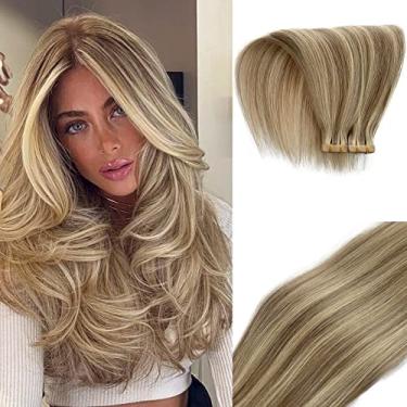 Imagem de Extensões de cabelo com fita adesiva de 50 cm Remy cabelo humano branqueador loiro balayage fita marrom dourada em extensões 50 gramas 20 peças trama de pele loiro macio sedoso destaques extensões de