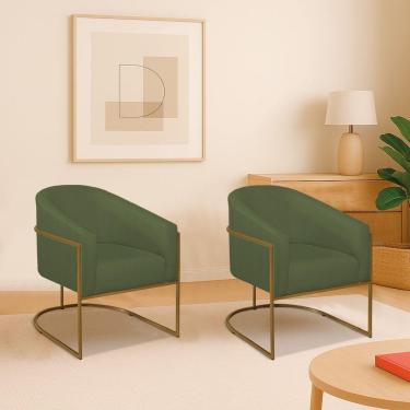 Imagem de Kit 2 Poltronas Decorativa Jade Moderno Escritório Confortável Luxo Base De Ferro Dourado Linho Cor Verde