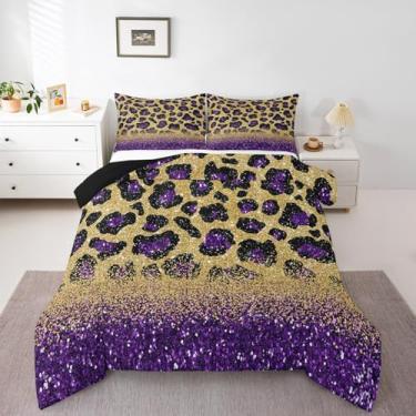 Imagem de Conjunto de cama com estampa de leopardo roxo, pele de animal selvagem, para crianças, meninas, adolescentes, adultos, edredom com glitter dourado roxo, estampa de chita, conjunto de edredom
