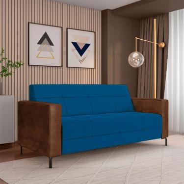 Imagem de Sofá Living Decorativo Houston 2 Lugares 200cm Pés em Metal Veludo/ PU Azul/ Marrom G33 - Gran Belo