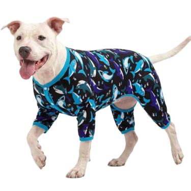Imagem de LovinPet Roupas para Cães Pitbull-Alívio da Ansiedade de Animais de Estimação, Pijamas para Cães Anti-Queda, Tecido Elástico Leve, Estampa Branca de Baleia Hello There, Pijamas para Cães Grandes, Roup