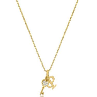 Imagem de Colar Personalizado Coração de Cadeado com Detalhes em Zircônia e Inicial Folheada em Ouro 18K