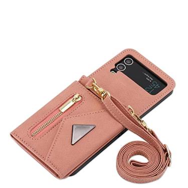 Imagem de Estojo tipo carteira tiracolo com compartimento para cartão para Samsung Flip4 5G Bolsa com cordão de couro Capa traseira, ouro rosa, para Galaxy Z Flip4 5G