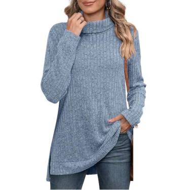 Imagem de Suéter feminino de gola rolê manga longa outono inverno tricotado solto suéter suéter suéter de cor sólida dividido grandes, Azul, M