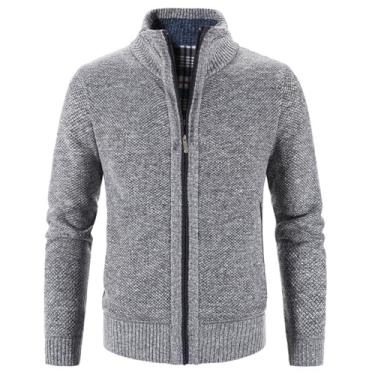 Imagem de Ruixinxue Jaqueta de malha masculina de lã, jaqueta de moletom com zíper, agasalho, gola alta, casaco de inverno, Cinza claro, GG