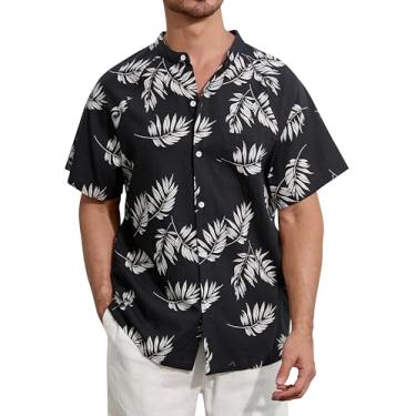 Imagem de SILKWORLD Camisa masculina casual de botão manga curta gola banda algodão linho camisa masculina Henley havaiana com bolso, 6a_folhas pretas, M