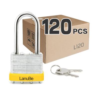 Imagem de LanuBe Cadeado com chave laminada (1-9/40.6 cm, 40 mm), fechaduras semelhantes com chave, manilha longa, aro de plástico amarelo marcado, pacote com 120