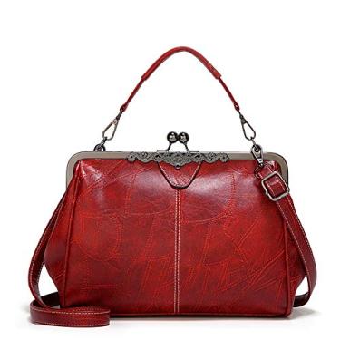 Imagem de Segater® Bolsa feminina retrô oca de couro PU com cera de óleo Kiss Lock Bolsa tiracolo vintage bolsa carteiro, Vermelho, One Size