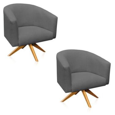 Imagem de Kit 2 Poltronas Giratória Stella Linho Grafite Base Madeira - DROSSI