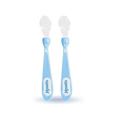 Imagem de Colher Infantil Com Ponta De Silicone Mamita Azul ou Rosa, Azul