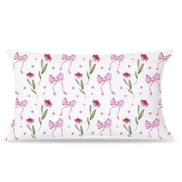 Imagem de FITIE Capas de almofada lombar floral com laço coquete rosa 30,5 x 50,8 cm, decoração de quarto infantil, capas de travesseiro para quarto de meninas, dormitório e apartamento