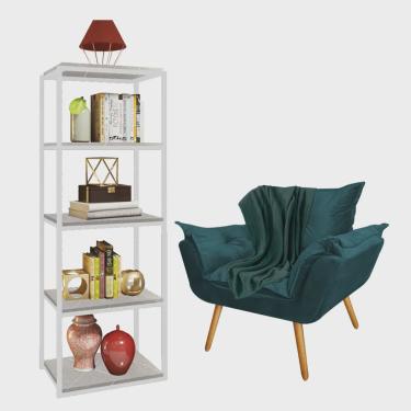 Imagem de Kit Poltrona Fatte com Manta Soft Verde e Estante Livreiro Ferro Branco mdf Marmorizado Cinza Suede Azul Turquesa - Ahazzo Móveis