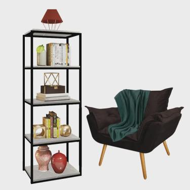 Imagem de Kit Poltrona Fatte com Manta Soft Verde e Estante Livreiro Ferro Preto mdf Marmorizado Cinza Suede Marrom - Ahazzo Móveis