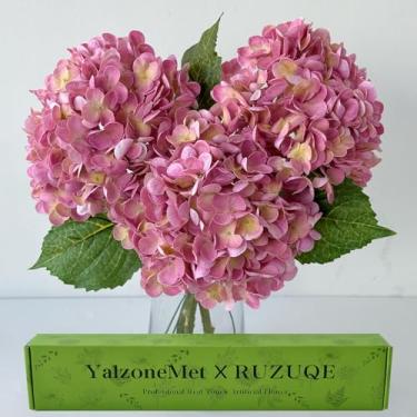 Imagem de YalzoneMet 3 peças de flores artificiais de hortênsia amarela/rosa 53 cm de toque real de látex sintético para mesas de casamento, centro de mesa, chá de bebê, flor rosa para festa, decoração de
