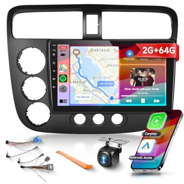 Imagem de 2G + 64G para Honda Civic 2001 2002 2003 2004 2005 estéreo para carro, sem fio, CarPlay, Android Auto, rádio veicular Android com tela sensível ao toque de 9 polegadas, Bluetooth, navegação GPS, WiFi,