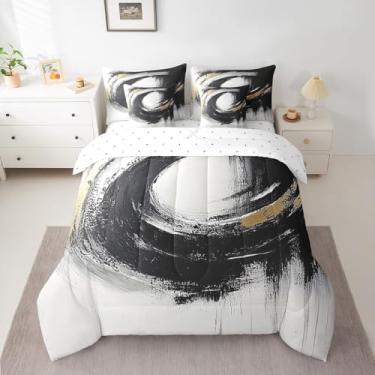 Imagem de Feelyou Conjunto de edredom de arte abstrata em ouro preto, moderno, abstrato, tamanho king, 7 peças, geométrico, minimalista, para crianças, meninos, meninas, decoração de quarto