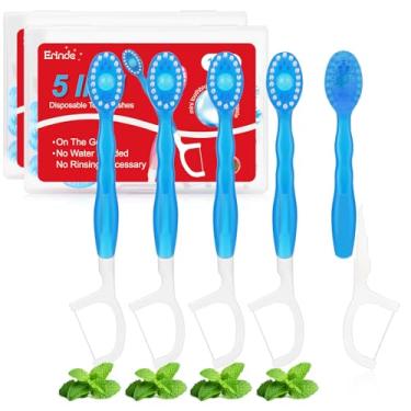 Imagem de Erinde Mini escovas de dentes descartáveis 5 em 1 com pasta de dente + raspador de língua + palhetas + estojo de viagem com fio dental, escova de dentes pré-colada para viagem para trabalho ou viagem,