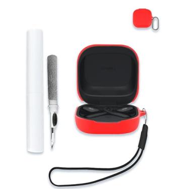 Imagem de Capa para fones de ouvido abertos SHOKZ OpenFit 2, capa protetora de silicone macio portátil resistente a arranhões com kit de limpeza, mosquetão e cordão, vermelha