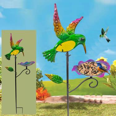 Imagem de Estaca de metal para alimentação de pássaros ao ar livre, banho de beija-flor e plataforma de alimentação de pássaros para decoração de quintal de jardim, com uma bandeja colorida brilhante para