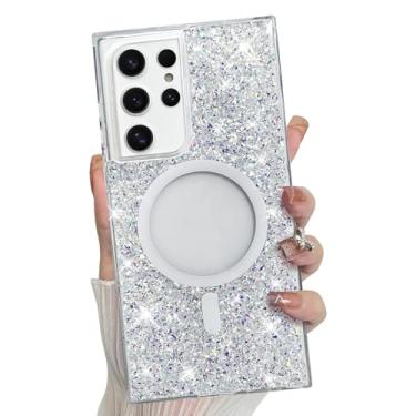 Imagem de Bonoma Capa para Samsung Galaxy S22 Ultra, traseira brilhante com glitter, suporte magnético para capa à prova de choque MagSafe, proteção de alta qualidade cristalina e transparente para capa de