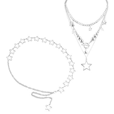 Imagem de RUIFUU Conjunto de cinto e colar de corrente estrela, cintos de corrente de prata Y2K, ajustável, acessórios de joias modernas, para mulheres, saias, calças jeans