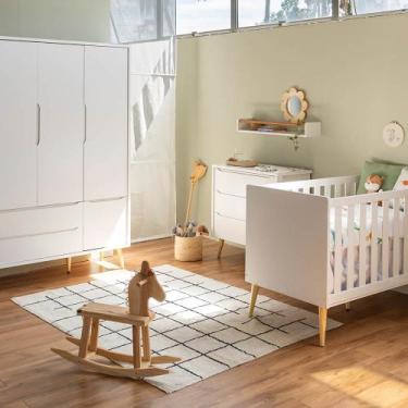 Imagem de Kit Quarto Theo com Pés Retrô Natural - Berço + Cômoda 3 Gavteas + Gua