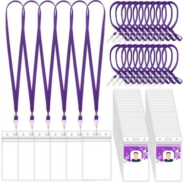 Imagem de Marspark Conjunto de 100 cordões de etiqueta de nome com suporte de identidade, crachás de identificação transparentes, prendedor a granel, porta-cartões de plástico à prova d'água para adultos,