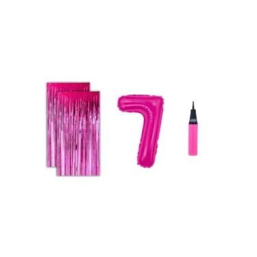 Imagem de Kit 2 Cortinas Metalizadas e Balão Número+Inflador Ar- Rosa - Partiufe