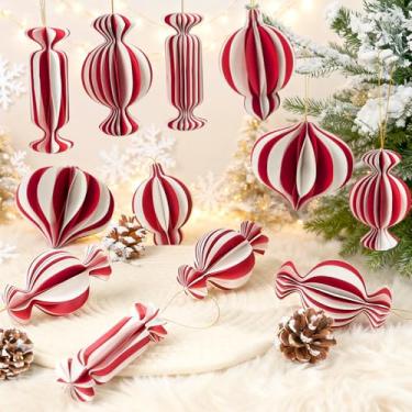 Imagem de 12 peças de decorações de Natal vermelhas e brancas, enfeites de favo de mel de papel doce 3D para árvore, ornamentos decorativos pendurados, bolas artesanais, lanternas de favo de mel para árvore de