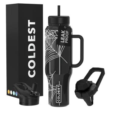 Imagem de Copo Coldest com alça e canudo, copo isolado 100% à prova de vazamento com tampa e canudo (3 tampas), copos de aço inoxidável para mulheres e homens, base compatível com porta-copos, 1,304 g (teias