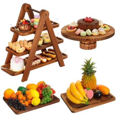 Imagem de RattanView Conjunto de mesa de sobremesa de madeira com 4 torres de sobremesa de madeira rústica retangular suporte de bolo bandeja de servir marrom de 3 camadas bandeja de cupcake para recepção de