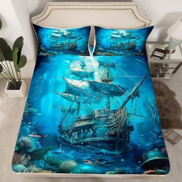 Imagem de Erosebridal Jogo de lençol infantil Queen, barco à vela pirata, decoração de quarto de meninos e meninas, azul-petróleo náutico, navio à vela costeira com 2 fronhas (sem lençol de cima)