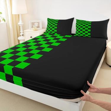 Imagem de Jogo de lençol geométrico xadrez para meninos e meninas, decoração de quarto de videogame, simples, abstrato, infantil, tamanho solteiro, preto e verde, 1 fronha (sem plano)