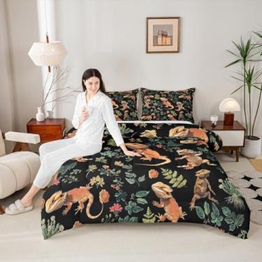 Imagem de Manfei Conjunto de edredom infantil de dragão barbudo, desenho animado, lagarto, réptil, animais, decoração de quarto de meninas, meninos, flores e folhas botânicas, edredom exclusivo, 2 fronhas