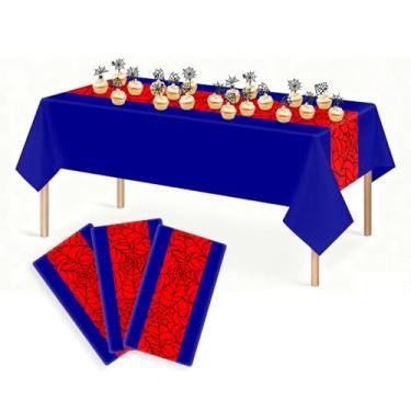 Imagem de 3 toalhas de mesa do Homem-Aranha com 20 peças de topo de cupcake de aranha, toalha de mesa do Homem-Aranha, 137 x 272 cm, para decoração de festa de aniversário do Homem-Aranha, artigos de festa de