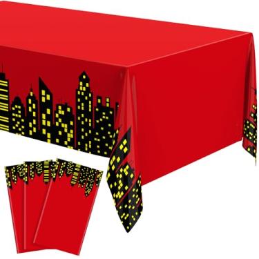 Imagem de Oudain 3 peças de toalha de mesa de festa de aniversário de 137 x 272 cm, toalha de mesa descartável de plástico grande retangular para decoração de festa de aniversário suprimentos (vermelha)